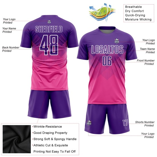 Maillot de football personnalisé rose violet-blanc par sublimation Maillot de football personnalisé rose violet-blanc par sublimation