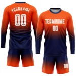 Maillot de football personnalisé à manches longues, orange, blanc et bleu marine, imprimé par sublimation Maillot de football personnalisé à manches longues, orange, blanc et bleu marine, imprimé par sublimation