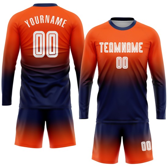Maillot de football personnalisé à manches longues, orange, blanc et bleu marine, imprimé par sublimation Maillot de football personnalisé à manches longues, orange, blanc et bleu marine, imprimé par sublimation