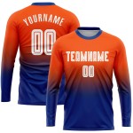 Maillot de football personnalisé à manches longues, orange, blanc et bleu royal, par sublimation Maillot de football personnalisé à manches longues, orange, blanc et bleu royal, par sublimation