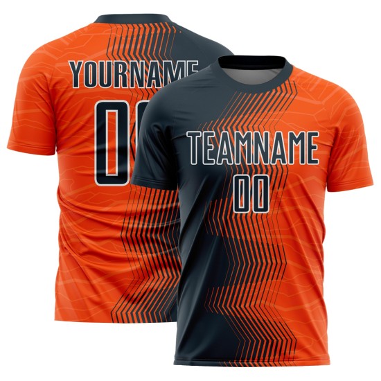 Maillot de football personnalisé à sublimation avec dégradé de flèches orange, bleu marine et blanc Maillot de football personnalisé à sublimation avec dégradé de flèches orange, bleu marine et blanc