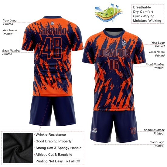 Maillot de football personnalisé orange bleu marine par sublimation Maillot de football personnalisé orange bleu marine par sublimation