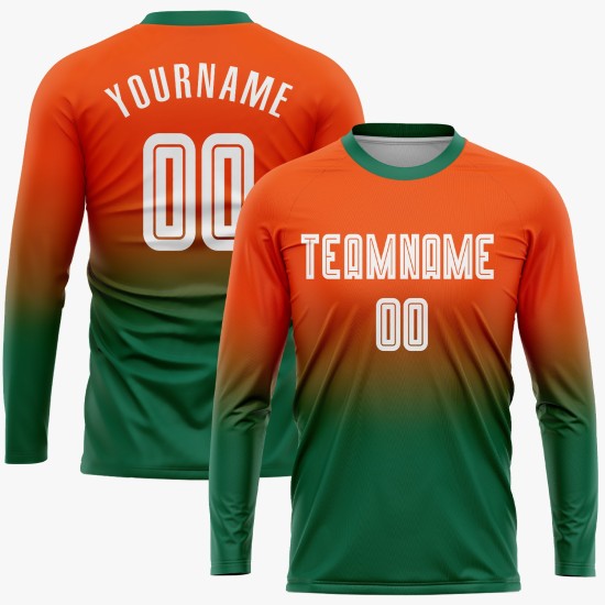 Maillot de football personnalisé à manches longues, orange, blanc et vert Kelly, imprimé par sublimation Maillot de football personnalisé à manches longues, orange, blanc et vert Kelly, imprimé par sublimation