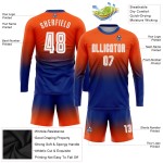 Maillot de football personnalisé à manches longues, orange, blanc et bleu royal, par sublimation Maillot de football personnalisé à manches longues, orange, blanc et bleu royal, par sublimation