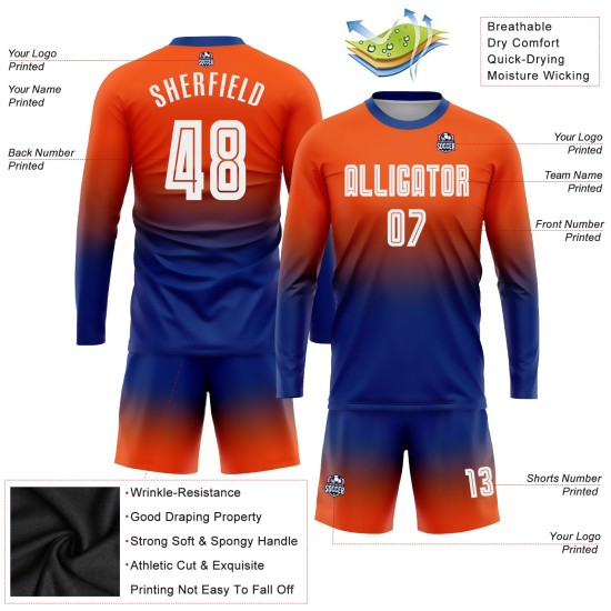 Maillot de football personnalisé à manches longues, orange, blanc et bleu royal, par sublimation Maillot de football personnalisé à manches longues, orange, blanc et bleu royal, par sublimation