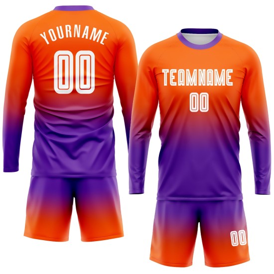 Maillot de football personnalisé à manches longues, imprimé par sublimation, orange, blanc et violet Maillot de football personnalisé à manches longues, imprimé par sublimation, orange, blanc et violet