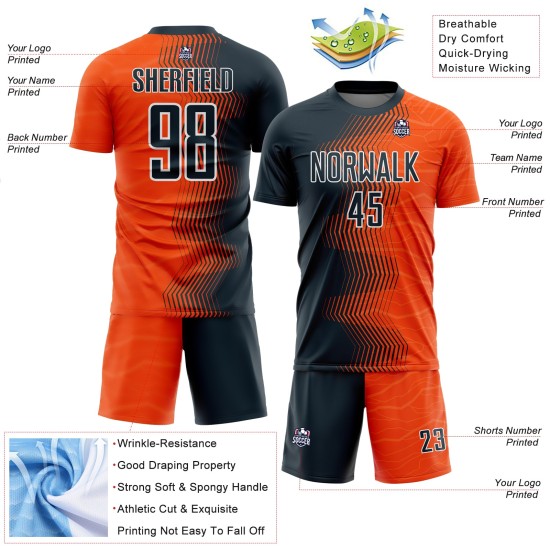 Maillot de football personnalisé à sublimation avec dégradé de flèches orange, bleu marine et blanc Maillot de football personnalisé à sublimation avec dégradé de flèches orange, bleu marine et blanc