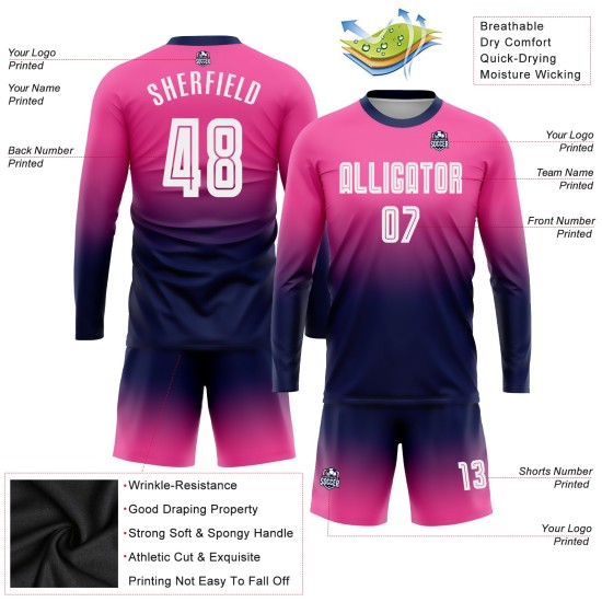 Maillot de football personnalisé à manches longues, rose, blanc et bleu marine, imprimé par sublimation Maillot de football personnalisé à manches longues, rose, blanc et bleu marine, imprimé par sublimation