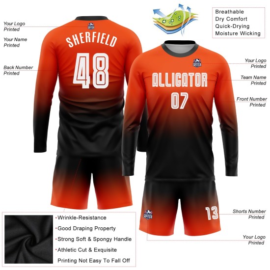 Maillot de football personnalisé à manches longues, orange, blanc et noir, imprimé par sublimation Maillot de football personnalisé à manches longues, orange, blanc et noir, imprimé par sublimation