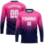 Maillot de football personnalisé à manches longues, rose, blanc et bleu marine, imprimé par sublimation Maillot de football personnalisé à manches longues, rose, blanc et bleu marine, imprimé par sublimation