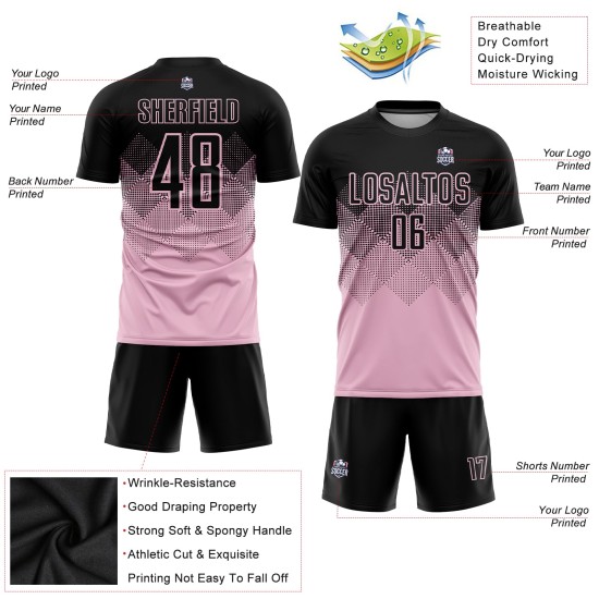 Maillot de football personnalisé rose clair noir par sublimation Maillot de football personnalisé rose clair noir par sublimation