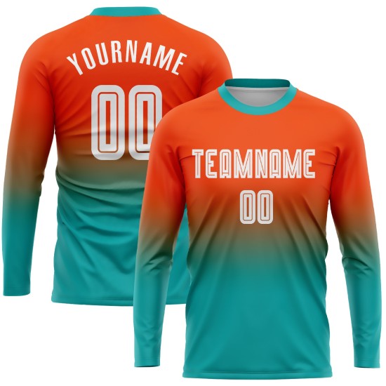 Maillot de football personnalisé à manches longues, imprimé par sublimation, orange, blanc et turquoise Maillot de football personnalisé à manches longues, imprimé par sublimation, orange, blanc et turquoise