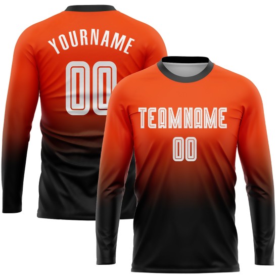 Maillot de football personnalisé à manches longues, orange, blanc et noir, imprimé par sublimation Maillot de football personnalisé à manches longues, orange, blanc et noir, imprimé par sublimation