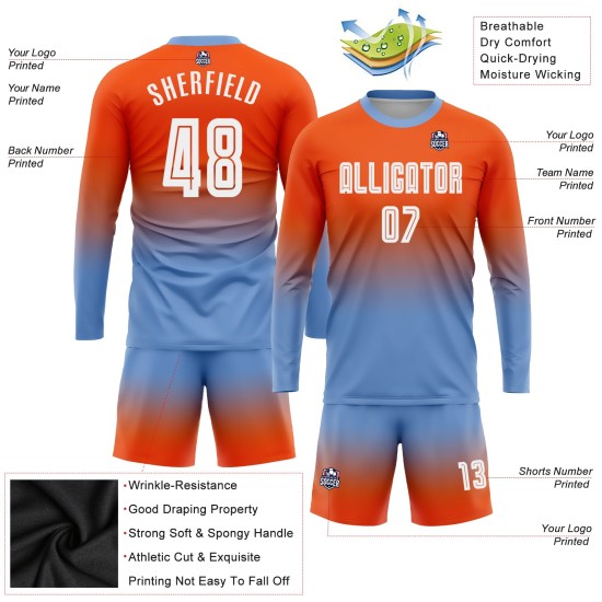 Maillot de football personnalisé à manches longues, orange, blanc et bleu clair, imprimé par sublimation Maillot de football personnalisé à manches longues, orange, blanc et bleu clair, imprimé par sublimation