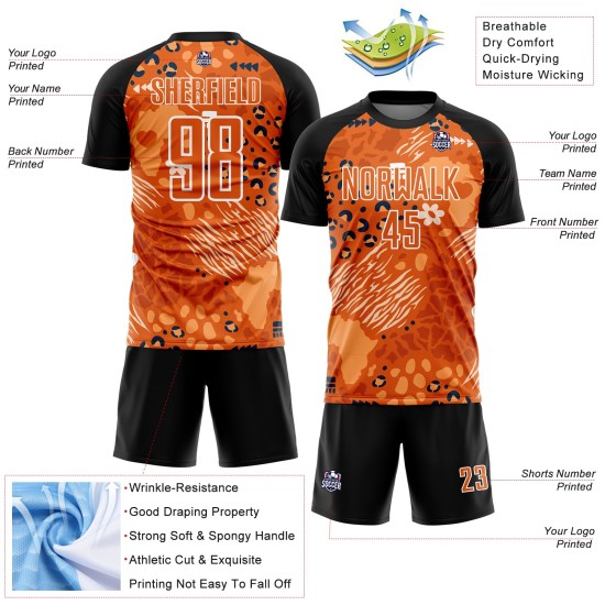 Maillot de football personnalisé à motif africain orange et noir d'Orange Bay, sublimé Maillot de football personnalisé à motif africain orange et noir d'Orange Bay, sublimé