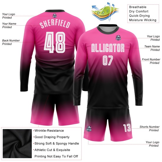 Maillot de football personnalisé à manches longues, rose, blanc et noir, imprimé par sublimation Maillot de football personnalisé à manches longues, rose, blanc et noir, imprimé par sublimation