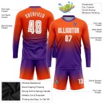 Maillot de football personnalisé à manches longues, imprimé par sublimation, orange, blanc et violet Maillot de football personnalisé à manches longues, imprimé par sublimation, orange, blanc et violet