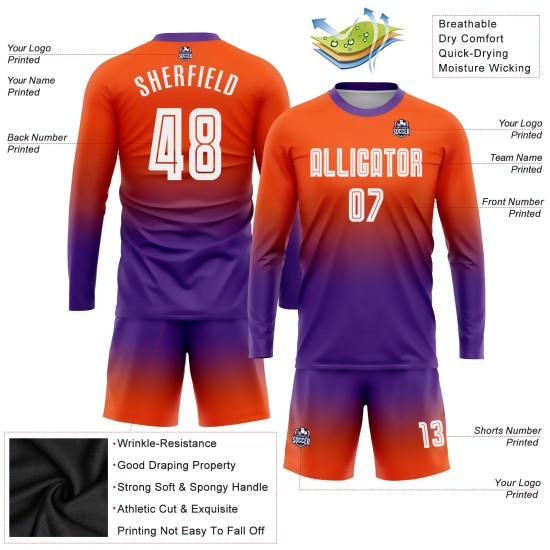 Maillot de football personnalisé à manches longues, imprimé par sublimation, orange, blanc et violet Maillot de football personnalisé à manches longues, imprimé par sublimation, orange, blanc et violet