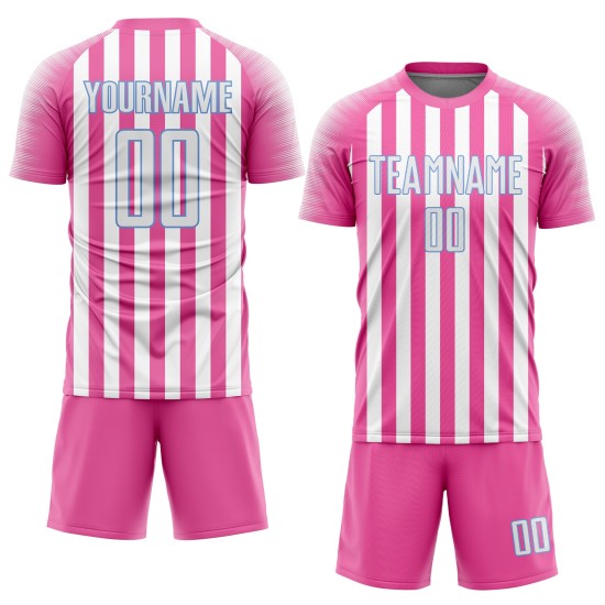Maillot de football personnalisé à sublimation rose, blanc et bleu clair Maillot de football personnalisé à sublimation rose, blanc et bleu clair