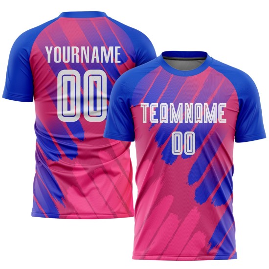 Maillot de football personnalisé à sublimation rose, blanc et bleu roi Maillot de football personnalisé à sublimation rose, blanc et bleu roi