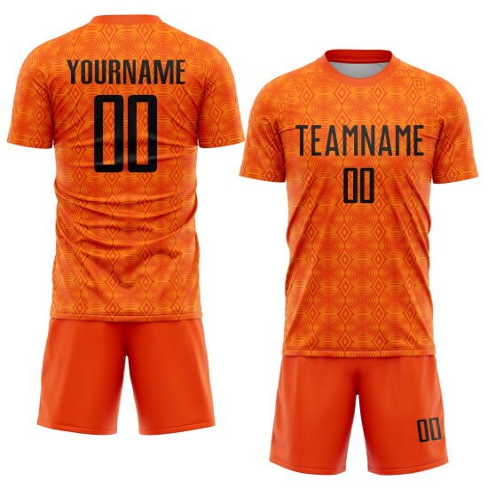 Maillot de football personnalisé à sublimation avec formes géométriques orange Black-Bay Maillot de football personnalisé à sublimation avec formes géométriques orange Black-Bay