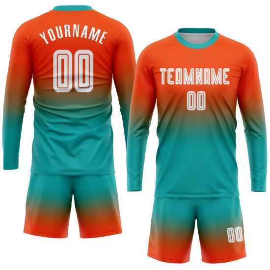 Maillot de football personnalisé à manches longues, imprimé par sublimation, orange, blanc et turquoise Maillot de football personnalisé à manches longues, imprimé par sublimation, orange, blanc et turquoise