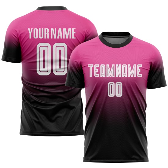 Maillot de football personnalisé rose, blanc et noir, effet dégradé par sublimation Maillot de football personnalisé rose, blanc et noir, effet dégradé par sublimation