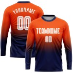Maillot de football personnalisé à manches longues, orange, blanc et bleu marine, imprimé par sublimation Maillot de football personnalisé à manches longues, orange, blanc et bleu marine, imprimé par sublimation