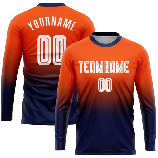 Maillot de football personnalisé à manches longues, orange, blanc et bleu marine, imprimé par sublimation Maillot de football personnalisé à manches longues, orange, blanc et bleu marine, imprimé par sublimation