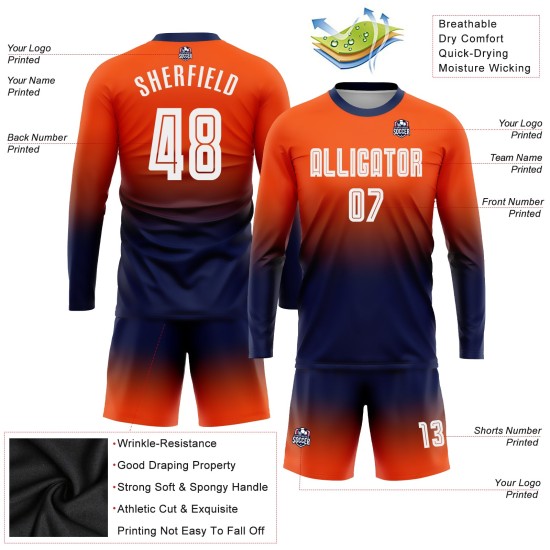 Maillot de football personnalisé à manches longues, orange, blanc et bleu marine, imprimé par sublimation Maillot de football personnalisé à manches longues, orange, blanc et bleu marine, imprimé par sublimation
