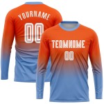 Maillot de football personnalisé à manches longues, orange, blanc et bleu clair, imprimé par sublimation Maillot de football personnalisé à manches longues, orange, blanc et bleu clair, imprimé par sublimation