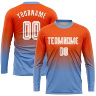 Maillot de football personnalisé à manches longues, orange, blanc et bleu clair, imprimé par sublimation