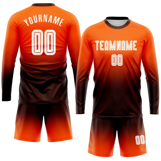 Maillot de football personnalisé à manches longues, imprimé par sublimation, orange, blanc et marron, à la mode Maillot de football personnalisé à manches longues, imprimé par sublimation, orange, blanc et marron, à la mode