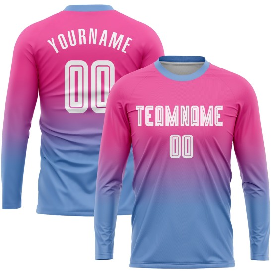 Maillot de football personnalisé à manches longues, rose, blanc et bleu clair, imprimé par sublimation Maillot de football personnalisé à manches longues, rose, blanc et bleu clair, imprimé par sublimation