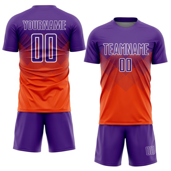 Maillot de football personnalisé orange violet-blanc par sublimation Maillot de football personnalisé orange violet-blanc par sublimation