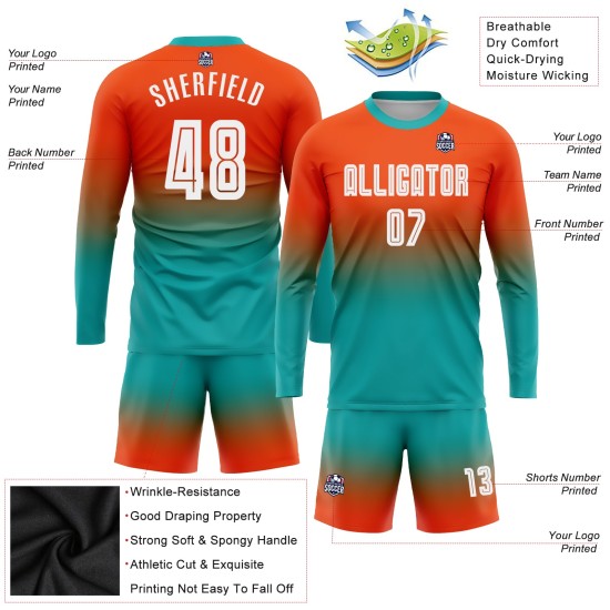 Maillot de football personnalisé à manches longues, imprimé par sublimation, orange, blanc et turquoise Maillot de football personnalisé à manches longues, imprimé par sublimation, orange, blanc et turquoise
