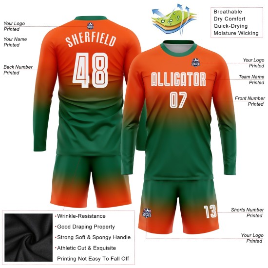 Maillot de football personnalisé à manches longues, orange, blanc et vert Kelly, imprimé par sublimation Maillot de football personnalisé à manches longues, orange, blanc et vert Kelly, imprimé par sublimation