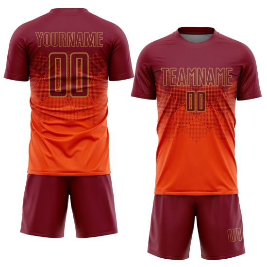 Maillot de football personnalisé par sublimation orange cramoisi-vieil or Maillot de football personnalisé par sublimation orange cramoisi-vieil or