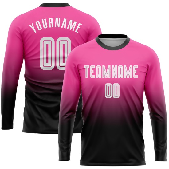 Maillot de football personnalisé à manches longues, rose, blanc et noir, imprimé par sublimation Maillot de football personnalisé à manches longues, rose, blanc et noir, imprimé par sublimation