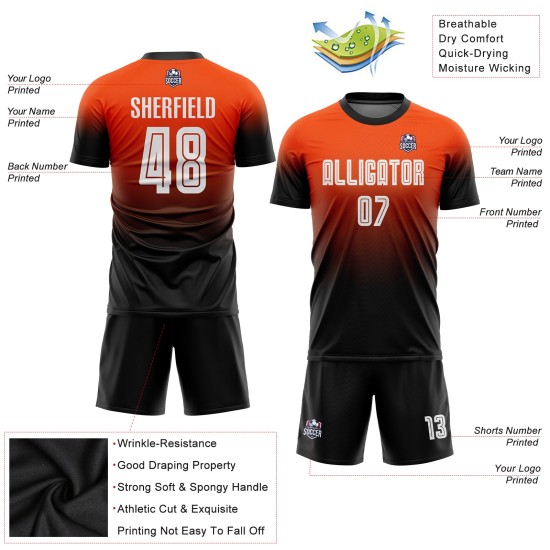 Maillot de football personnalisé orange, blanc et noir, effet dégradé par sublimation Maillot de football personnalisé orange, blanc et noir, effet dégradé par sublimation