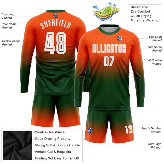 Maillot de football personnalisé à manches longues, orange, blanc et vert, par sublimation, à la mode Maillot de football personnalisé à manches longues, orange, blanc et vert, par sublimation, à la mode