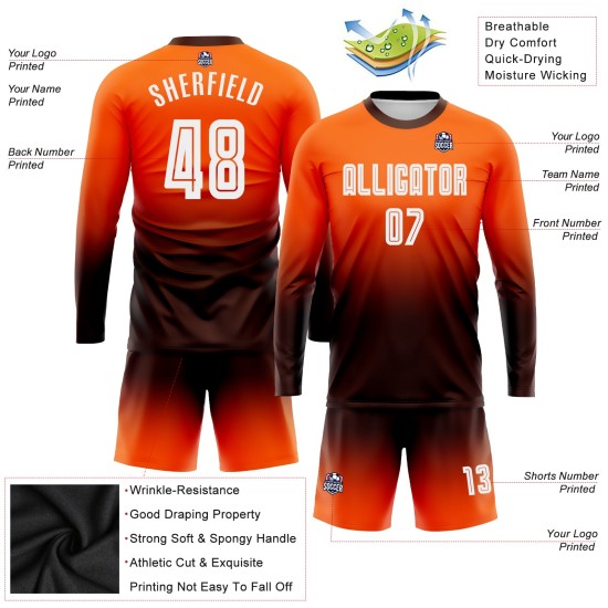Maillot de football personnalisé à manches longues, imprimé par sublimation, orange, blanc et marron, à la mode Maillot de football personnalisé à manches longues, imprimé par sublimation, orange, blanc et marron, à la mode
