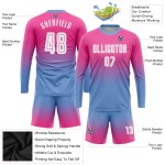 Maillot de football personnalisé à manches longues, rose, blanc et bleu clair, imprimé par sublimation Maillot de football personnalisé à manches longues, rose, blanc et bleu clair, imprimé par sublimation