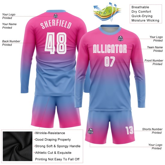 Maillot de football personnalisé à manches longues, rose, blanc et bleu clair, imprimé par sublimation Maillot de football personnalisé à manches longues, rose, blanc et bleu clair, imprimé par sublimation